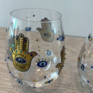 LOVE + LIGHT Wine Glasses Set Of 2 Hamsa Stemless Hamsa Evil Eye Stemless